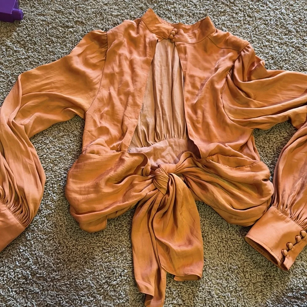 Free People Orange Long-Sleeve Ruched Waist Top - Picture 4 of 10